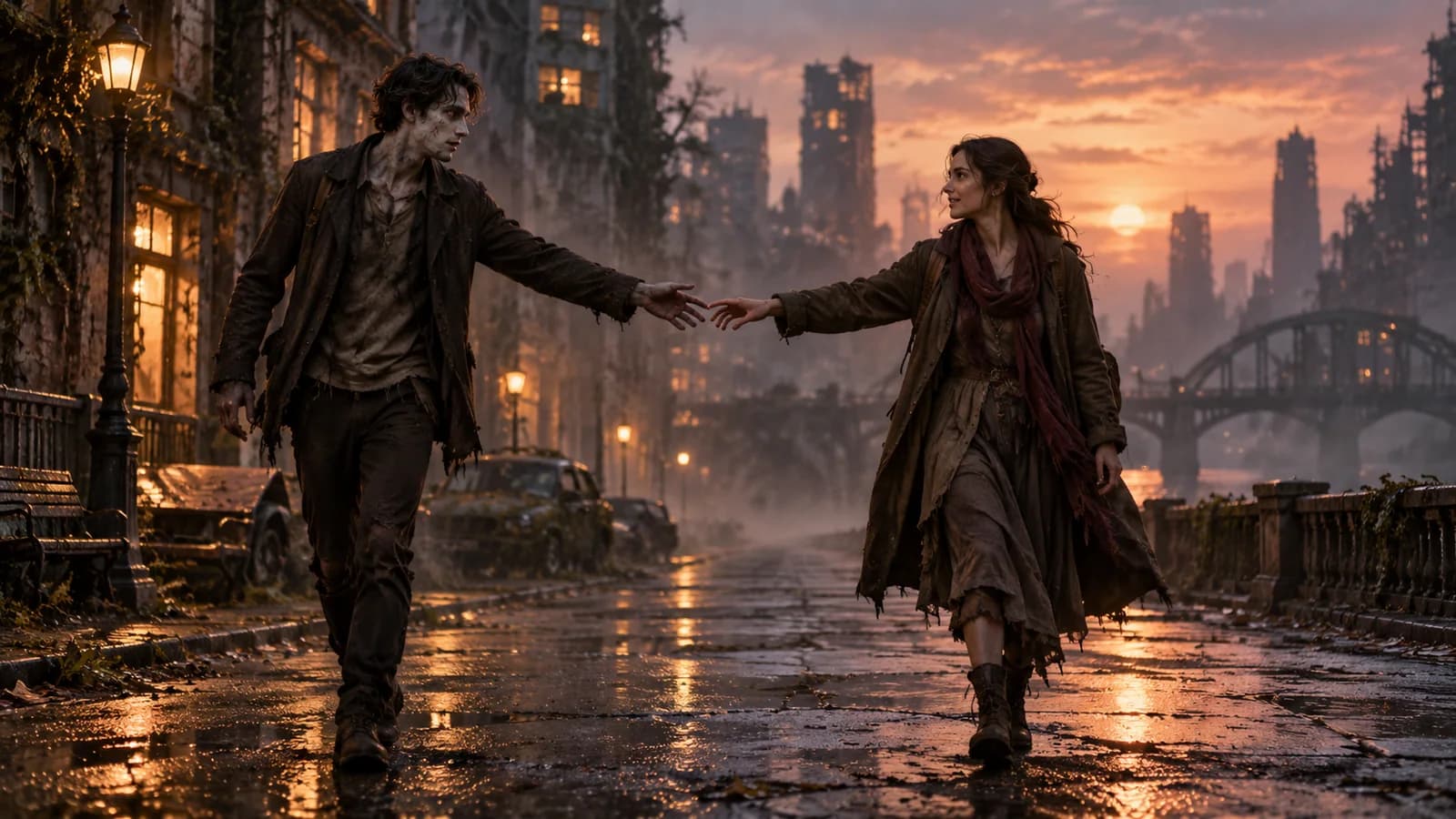 Illustrative scene of two adults reaching for each other in a fictional abandoned city